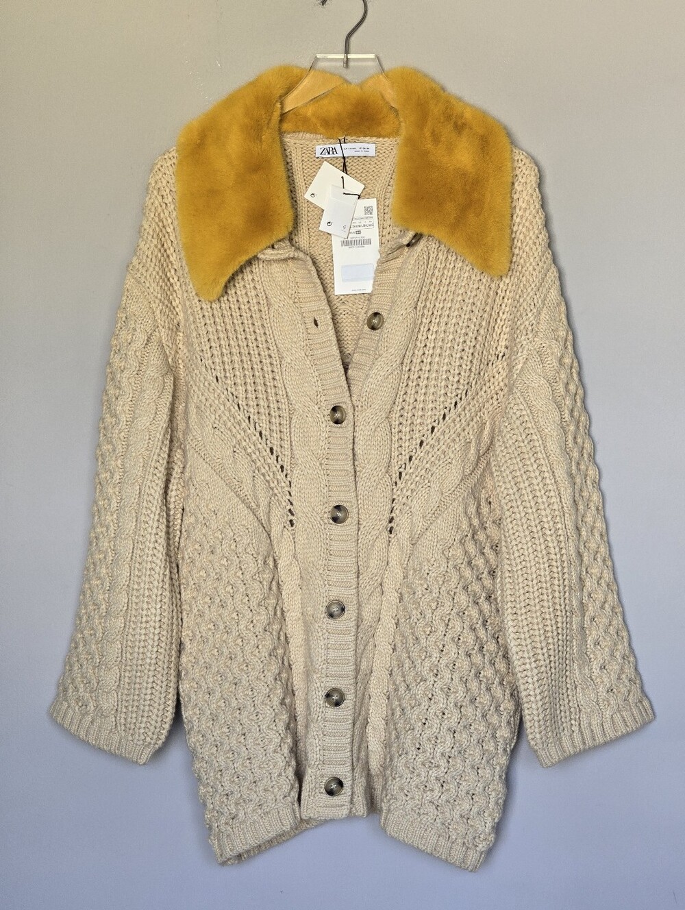 NWT Zara Cable Knit Cardigan with Removable Fur Collar - Picture 5 of 12